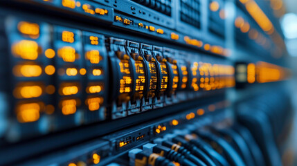 A shot of the network backbone in a server farm, showcasing neatly organized cables and switches, symbolizing the complex connectivity behind seamless data transfer in modern technology.

