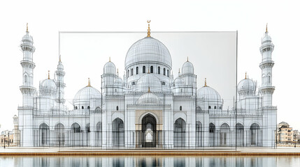 Fototapeta premium Mosque architectural rendering, blueprint, reflection