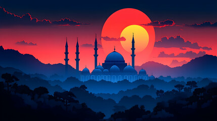 Obraz premium Mosque at Sunset, Mountainous Forest
