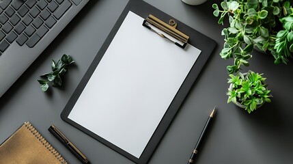 A black clipboard, white paper sheet, and pen rest on a grey laptop keyboard against a grey background.