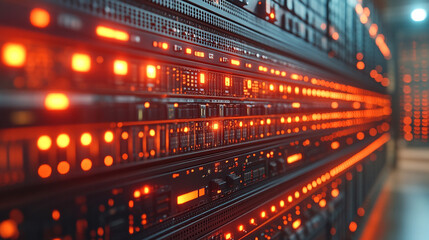 A shot of the network backbone in a server farm, showcasing neatly organized cables and switches, symbolizing the complex connectivity behind seamless data transfer in modern technology.
