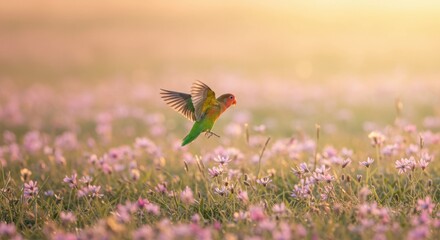 Lovebird's Flight: A colorful parrot soars over a field of blooming flowers