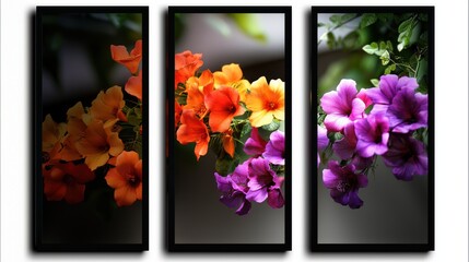 Vibrant display of colorful flowers in three panels, showcasing nature's beauty indoors