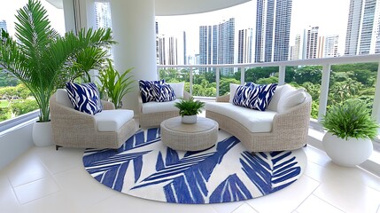 Modern Balcony Patio Furniture Set with Blue and White Patterned Rug and City View