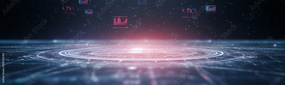 Poster Futuristic digital landscape with glowing circuits and data points in a dark environment.