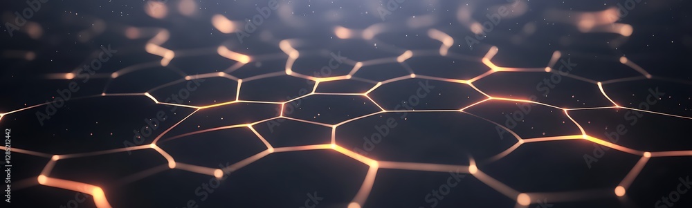 Poster abstract hexagonal pattern with glowing edges on a dark background.