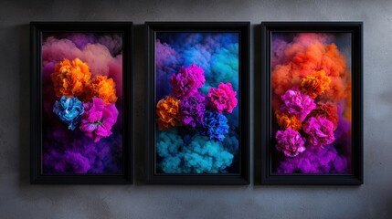 Vibrant abstract floral artwork in three frames, with colorful smoke background and dynamic hues