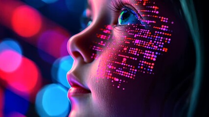 Child's face with digital code overlay, colorful bokeh background - Powered by Adobe