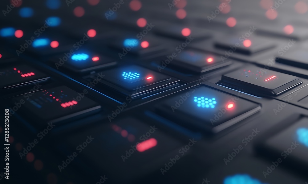 Poster Futuristic keyboard with illuminated keys in blue and red tones, showcasing technology and design.