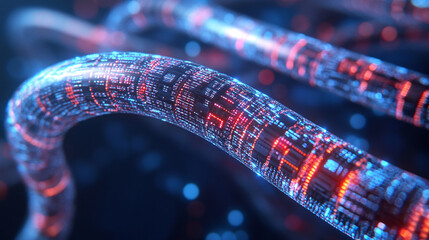 A shot of the network backbone in a server farm, showcasing neatly organized cables and switches, symbolizing the complex connectivity behind seamless data transfer in modern technology.
