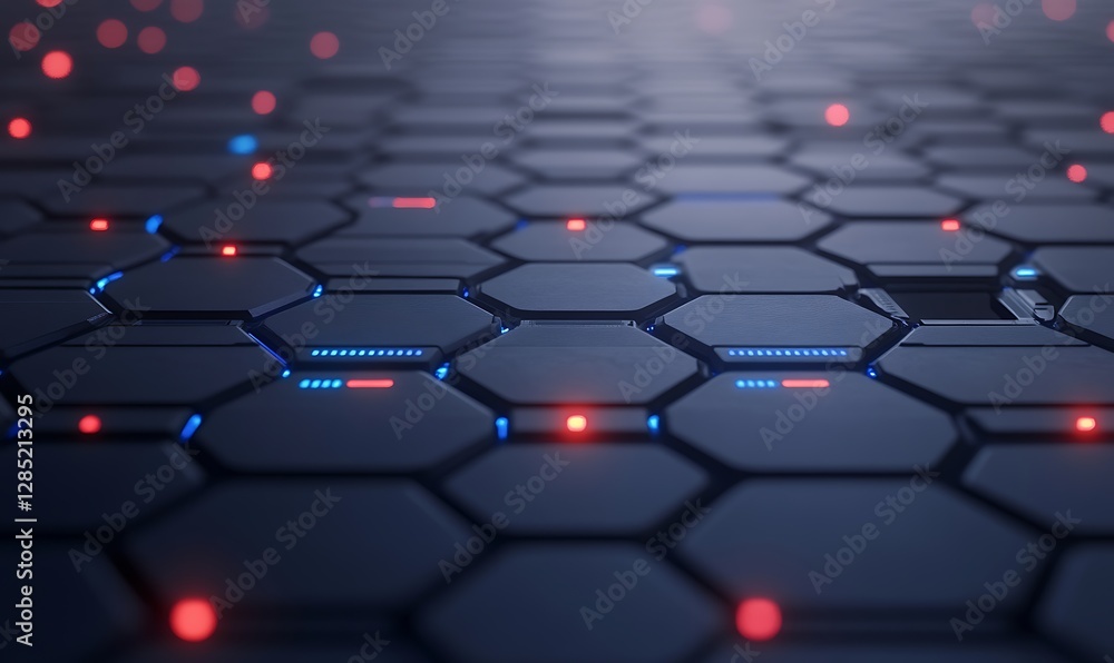 Poster futuristic hexagonal pattern illuminated by blue and red lights on a dark background.