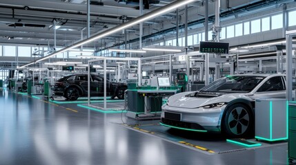 Modern electric vehicle manufacturing facility showcasing assembly line with advanced technology