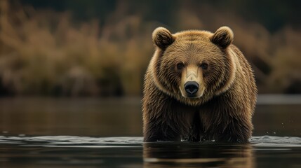 Obraz premium Majestic Brown Bear Walking Through Calm Water in Natural Habitat