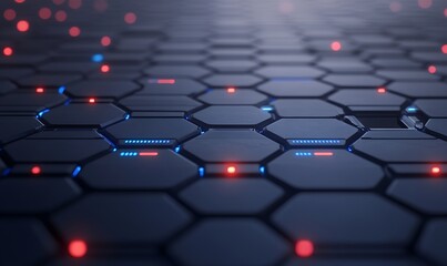 Futuristic hexagonal pattern illuminated by blue and red lights on a dark background.