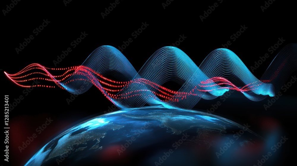Wall mural abstract representation of sound waves over a globe, illustrating global communication and connectiv