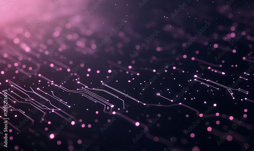 Poster abstract digital background with glowing particles and lines in pink and purple hues.