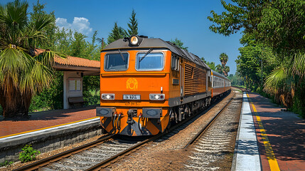 Obraz premium Orange Train at Sunny Station Platform