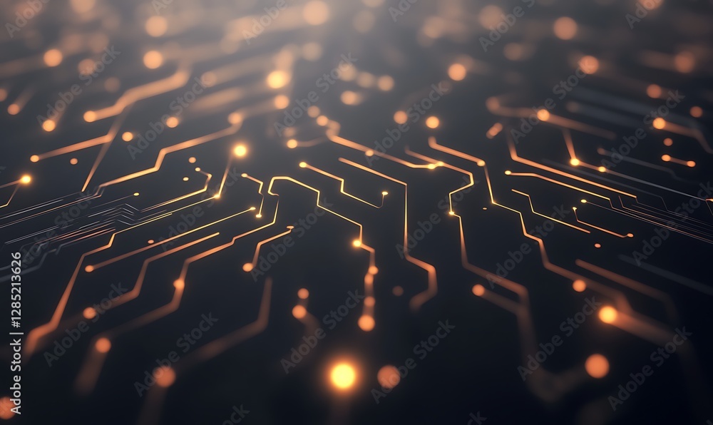 Aufkleber Abstract circuit design with glowing lines and nodes on a dark background.