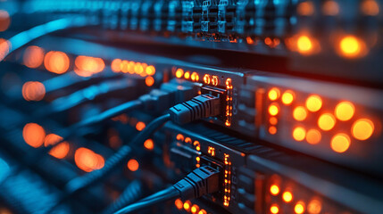 Naklejka premium A shot of the network backbone in a server farm, showcasing neatly organized cables and switches, symbolizing the complex connectivity behind seamless data transfer in modern technology. 