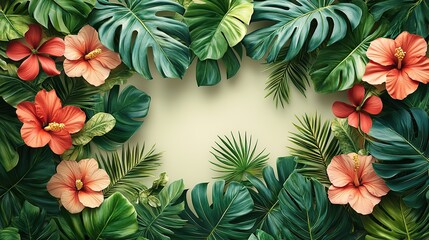 A botanical background featuring lush tropical flowers and leaves, ideal for adding a touch of nature to your designs or projects