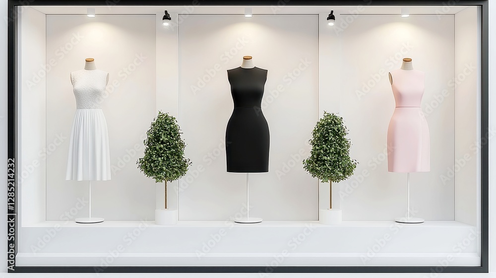 Poster elegant evening attire displayed on mannequins within a refined studio, soft illumination enhances t