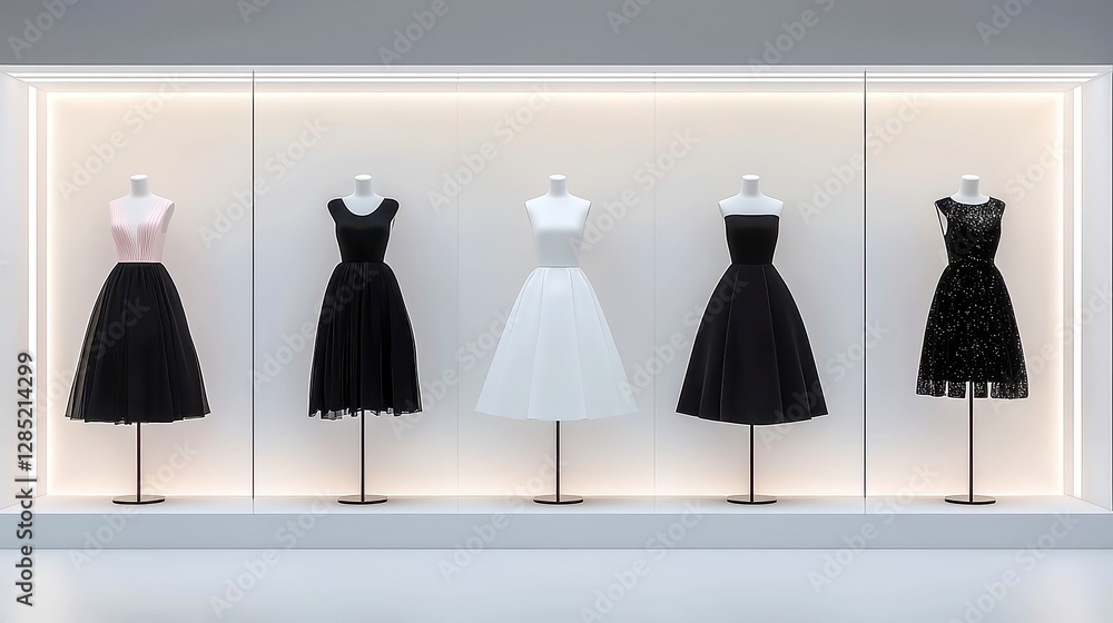 Poster elegant evening attire displayed on mannequins in an upscale studio, featuring soft illumination, sl