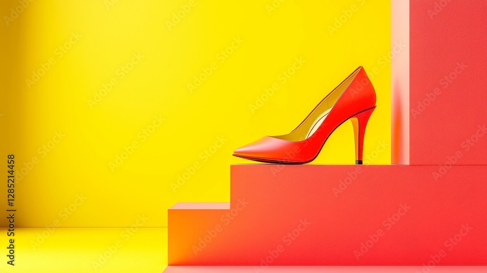 Poster bold statement heels in vibrant colors displayed in a geometric showroom, creating a striking 3d vec