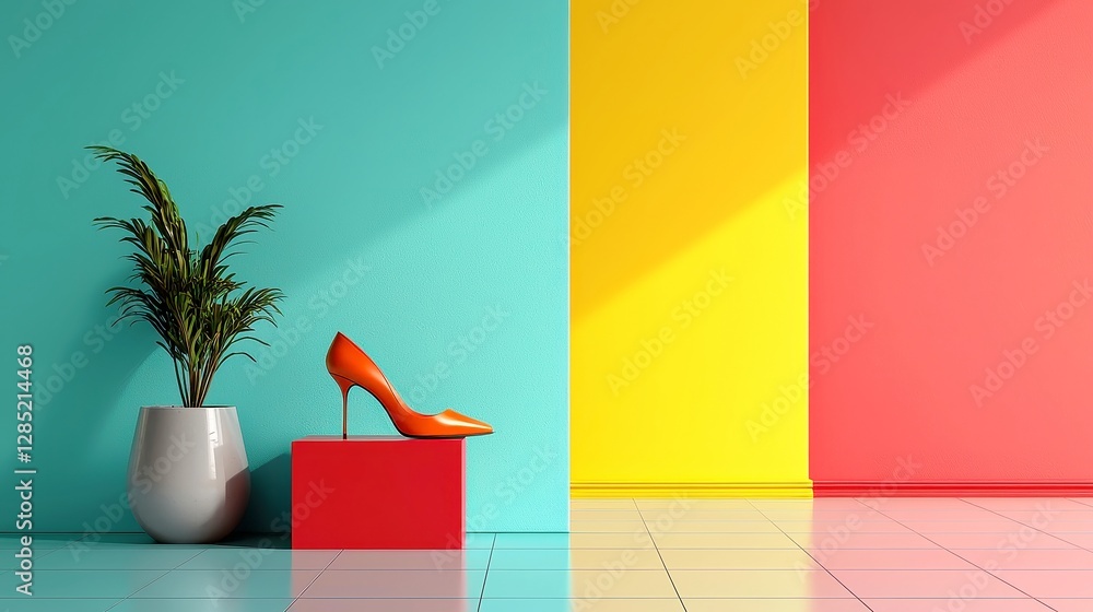 Poster bold statement heels displayed in a geometric showroom, vibrant colors arranged in striking patterns