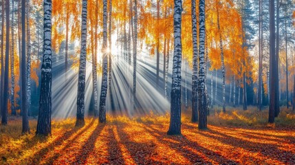 Sunbeams Illuminate Autumn Birch Forest