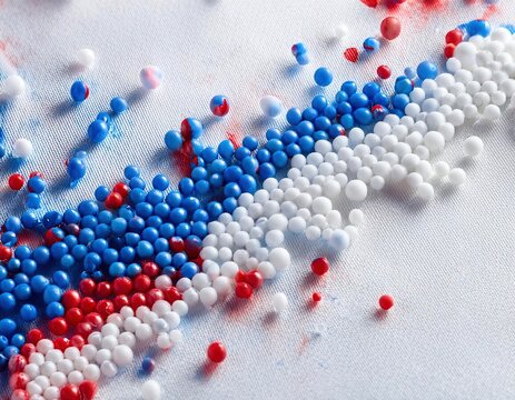 gotas de pintura acr&iacute;lica blanca, azul y roja cayendo en perspectiva sobre un lienzo blanco, formando colores y figuras abstractas agradables a al cerebro humano