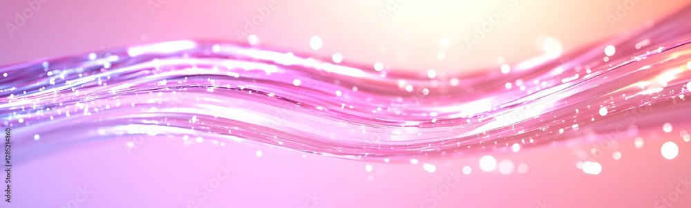Poster flowing colorful waves with sparkling effects on a soft gradient background.