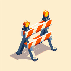 construction barricade with orange and white striped panels and two yellow warning lights on top