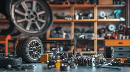 Fototapeta premium Close-up view of various automotive parts scattered on a workbench in a mechanic's garage