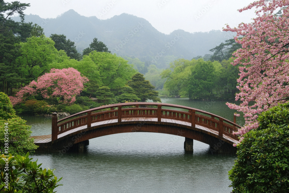 Poster a bridge spans a river with a view of mountains in the background