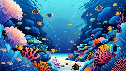 Vibrant underwater scene with colorful coral, diverse fish, and marine life, generate AI