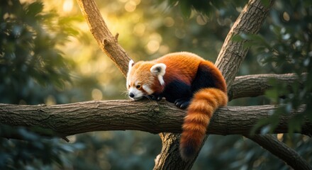 Cute Red Panda Relaxing on a Tree Branch in a Lush Green Forest
