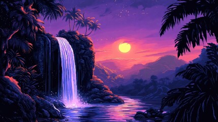 Tropical Waterfall Sunset Landscape  8 bit Pixel Art