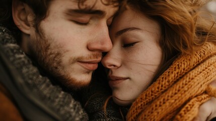 Close-Up of Man and Woman Embracing with Scarves