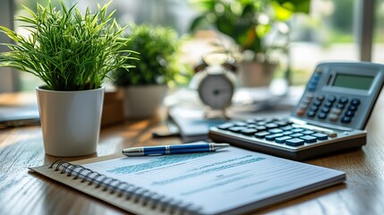 A business workplace with a keyboard, plant, pen, binders, notebook, papers, and a calculator neatly organized on a folder against a white background.