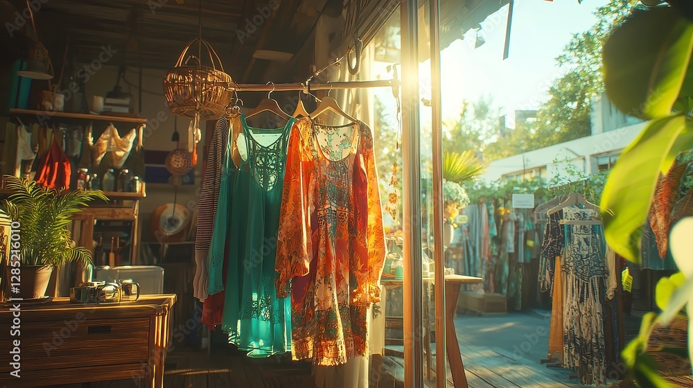 Poster bohemian dresses in earthy tones, elegantly displayed in a sunlit window with a minimalist backdrop,