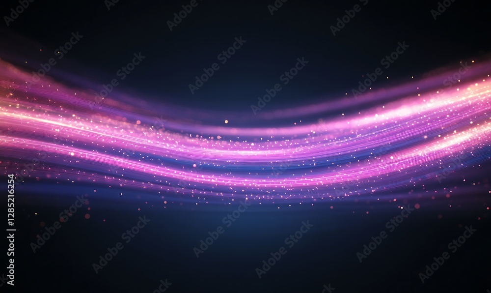 Poster vibrant pink and purple waves with sparkling particles on a dark background.