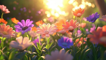 Fototapeta premium Flower garden with glowing holographic flower information, vibrant natural setting, soft sunlight, photorealistic