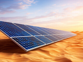 Solar panels in desert landscape under vibrant sunset