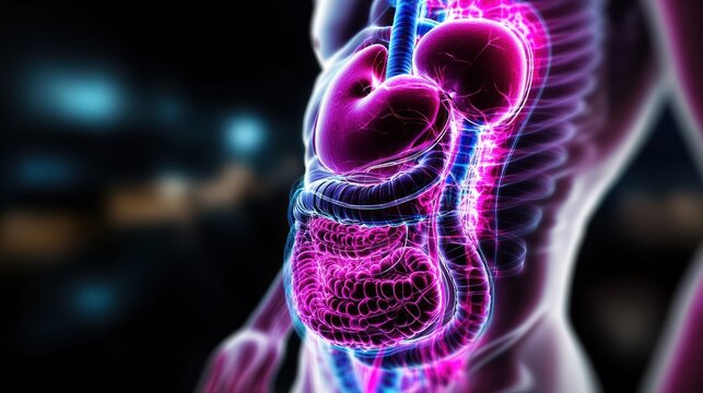 Anatomical illustration showcasing the human digestive and excretory systems in vibrant colors