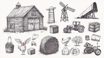 Fototapeta premium Farm Elements Illustration, Black and White