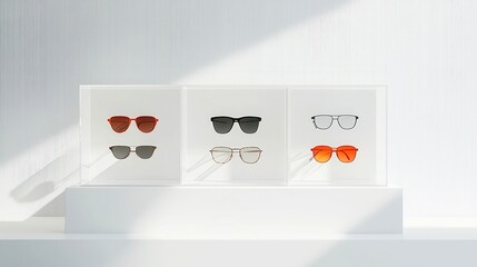 Chic Sunglasses Showcase, a modern showroom featuring a stylish collection of sunglasses on transparent shelves, enhanced by a minimalist 3D vector backdrop in a clean setting