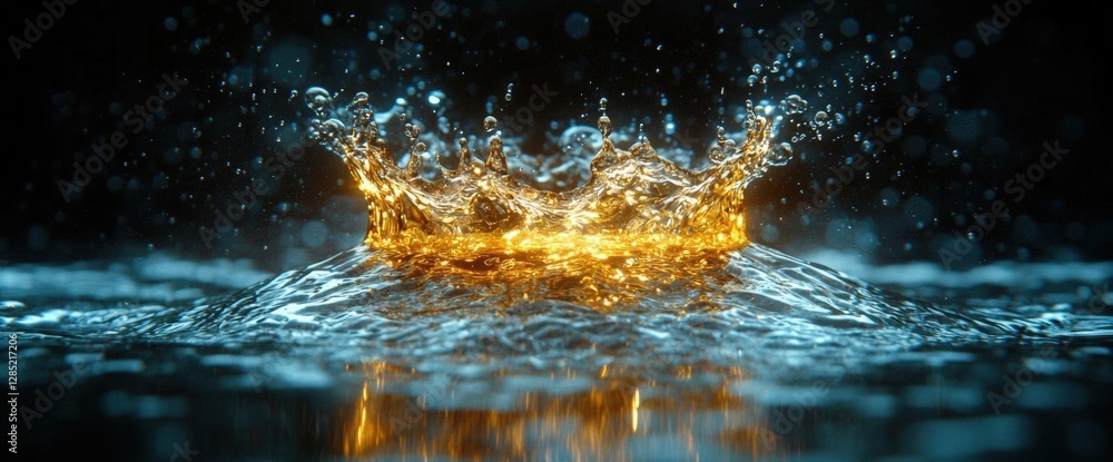 Aufkleber dynamic water splash with gold accents on dark reflective surface creates an abstract glowing crown 