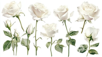 Elegant White Roses  Floral Collection  Botanical Illustration