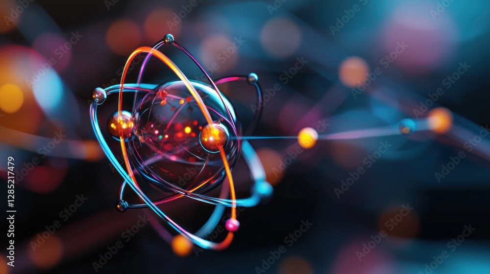 Wall mural abstract representation of an atom with colorful electrons orbiting, symbolizing energy and science