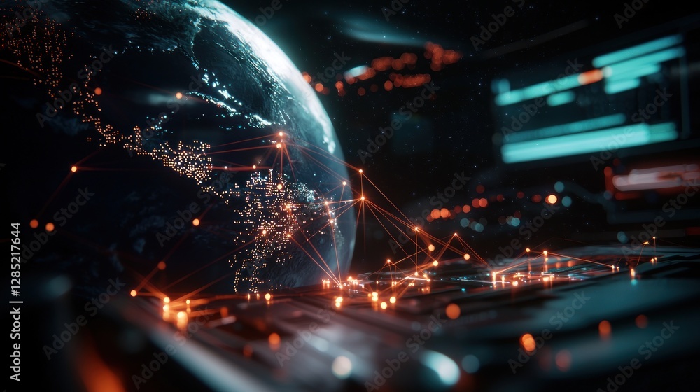 Wall mural a futuristic digital representation of earth with glowing connections and data streams